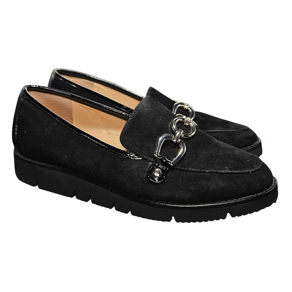 Black Suede Chunky Sole Loafers 7.5 Silver Horse-bit‎ Preppy Slip-On Shoes #321